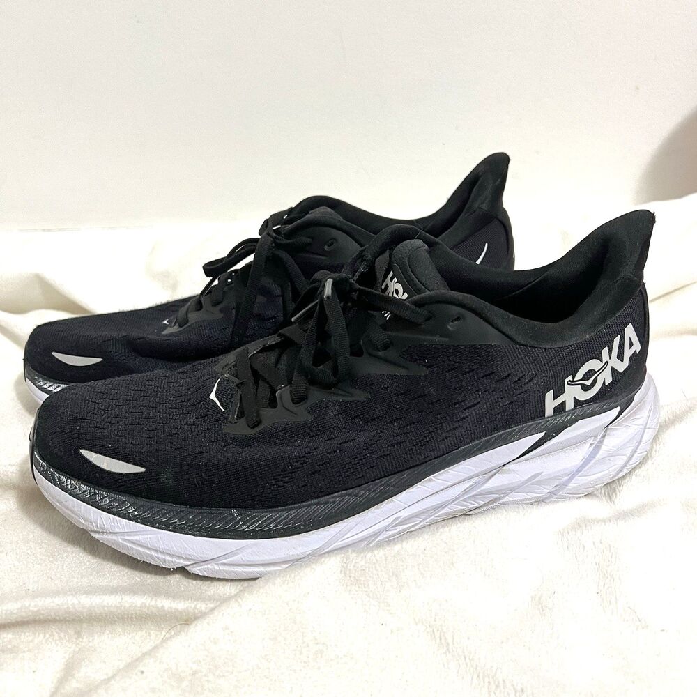 Hoka One Clifton 8 Sneakers Women’s US 12 B Black White Running Shoes 1119394